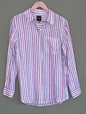 Gap Womens Linen Blend Striped Big Shirt Oversized Coastal Grandmother sz XS
